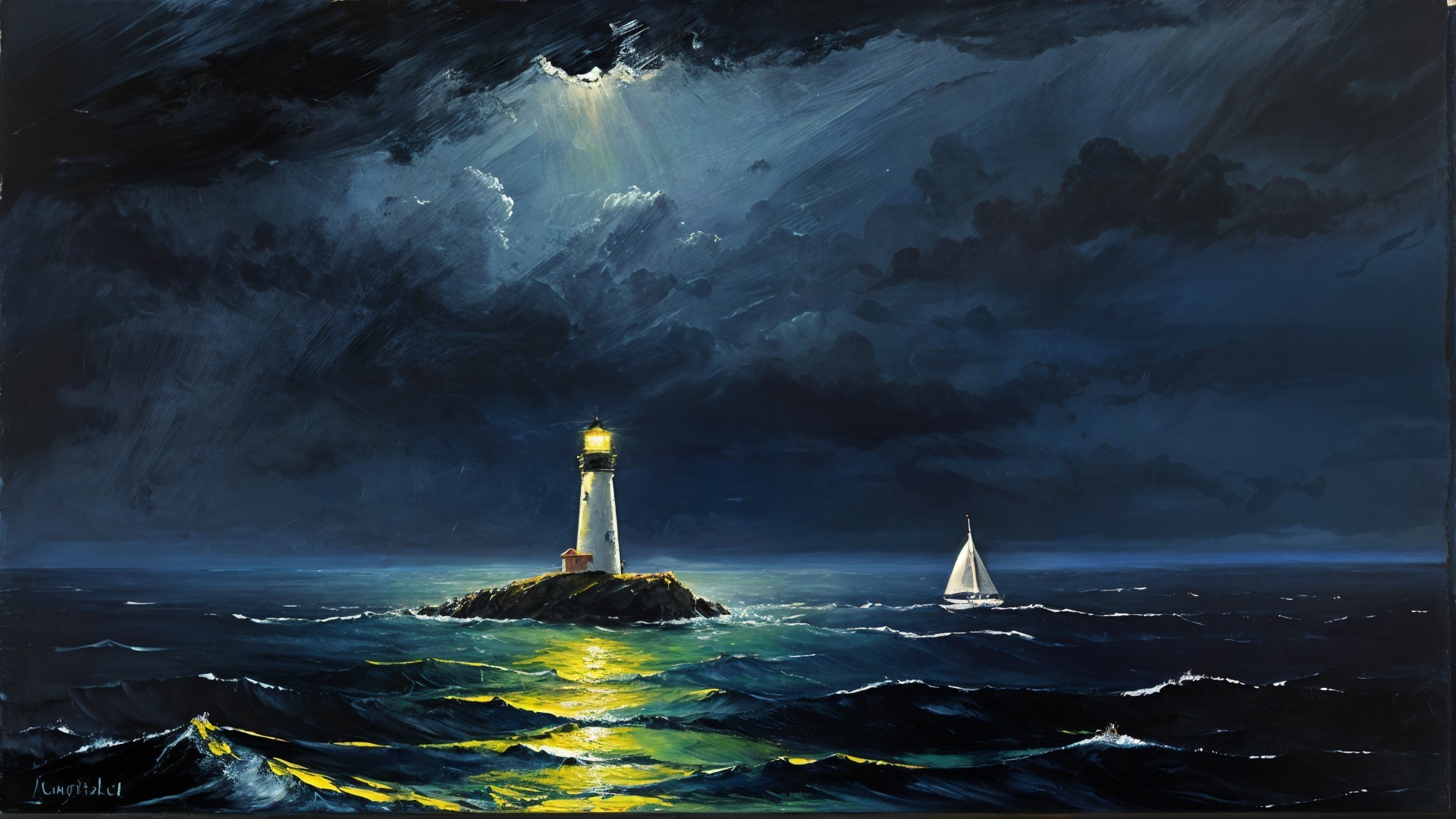 Dramatic Seascape with Lighthouse and Sailboat