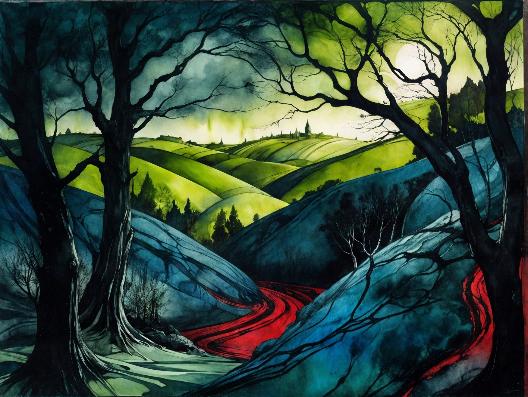 Mystical Landscape with Green Hills and Red Path
