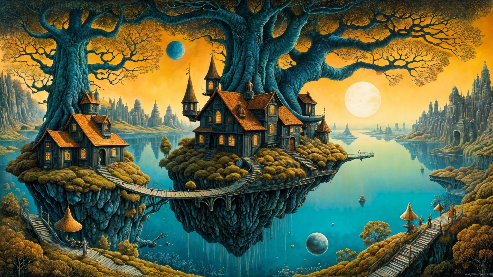 Surreal Landscape with Floating Islands and Whimsical Homes