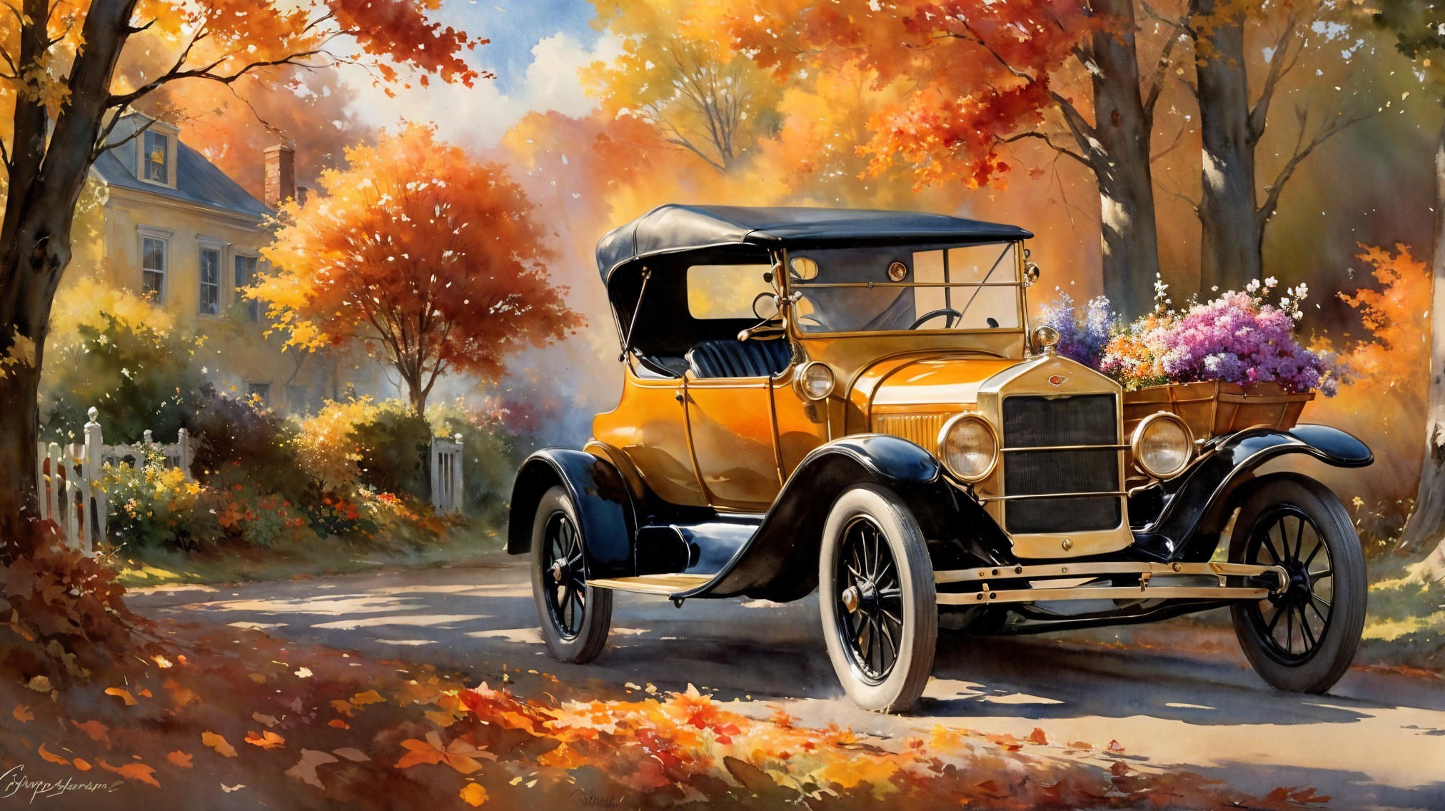 Vintage Car Amidst Autumn Foliage and Scenic House