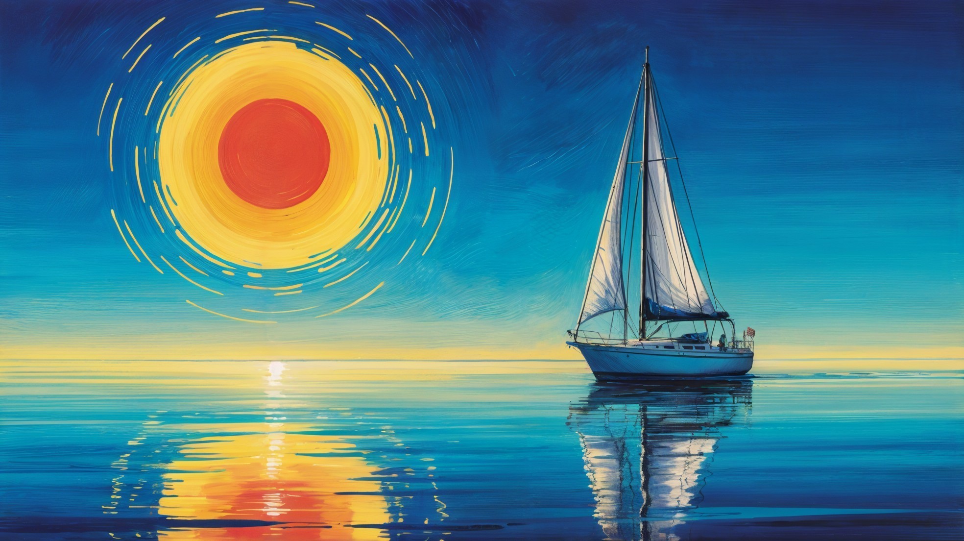 Serene Seascape with Sailboat and Vibrant Sun