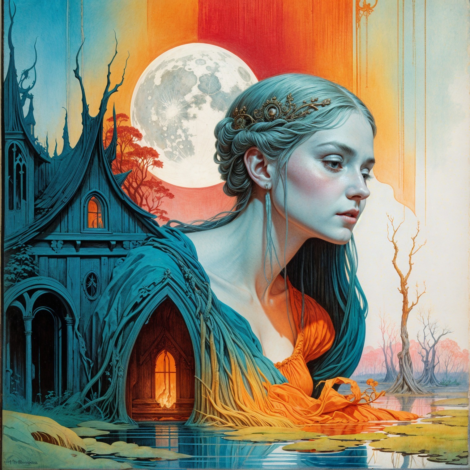 Surreal Artwork of Woman Merging with Vibrant Landscape