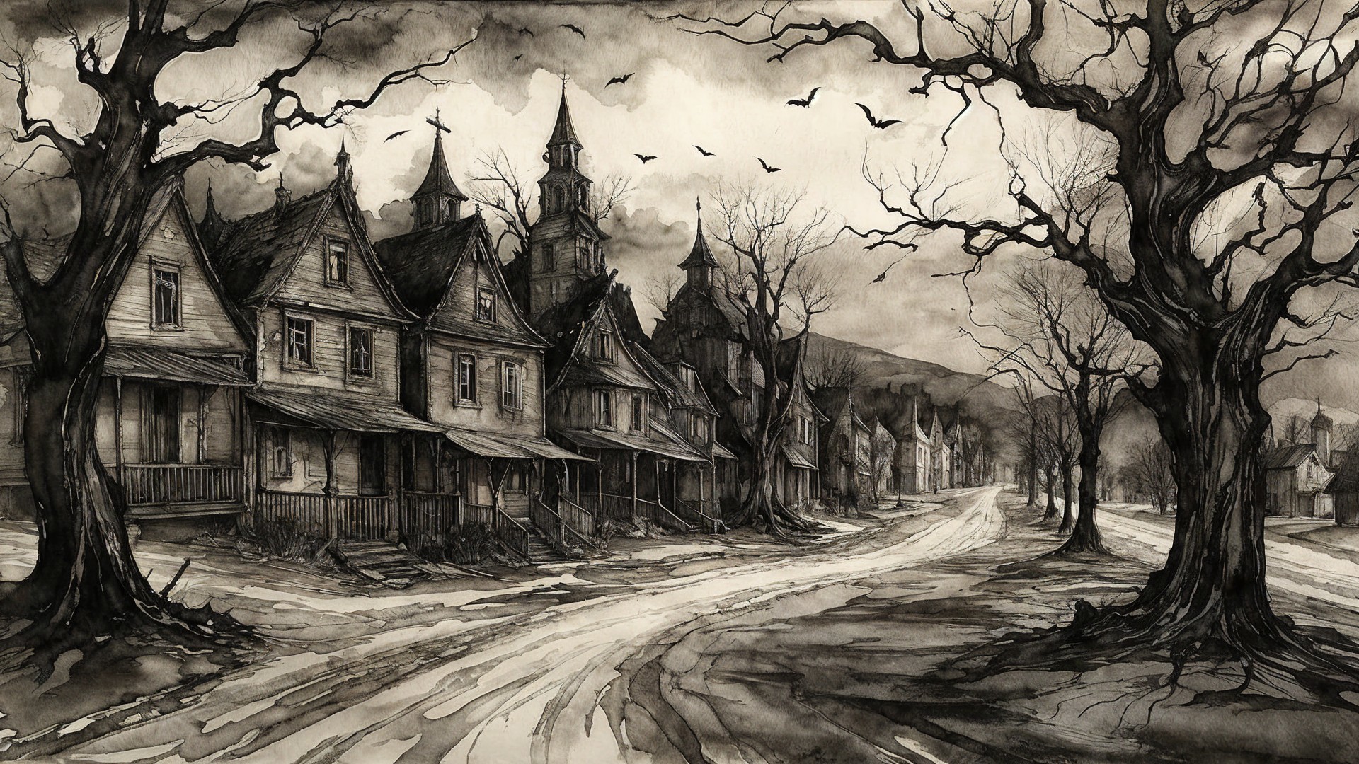 Desolate village scene in muted sepia tones