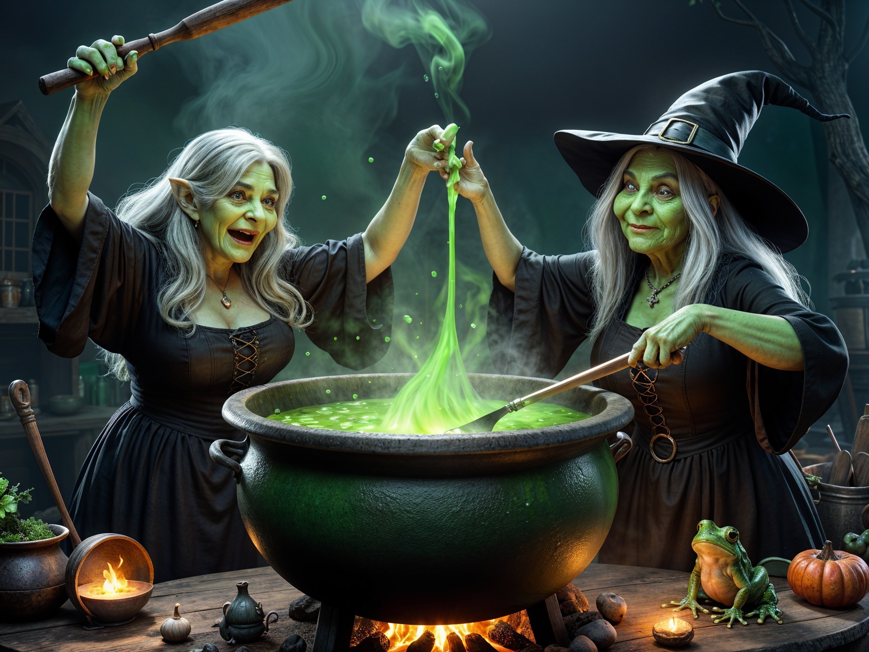 Whimsical Witches Brewing Potion in Dark Apothecary