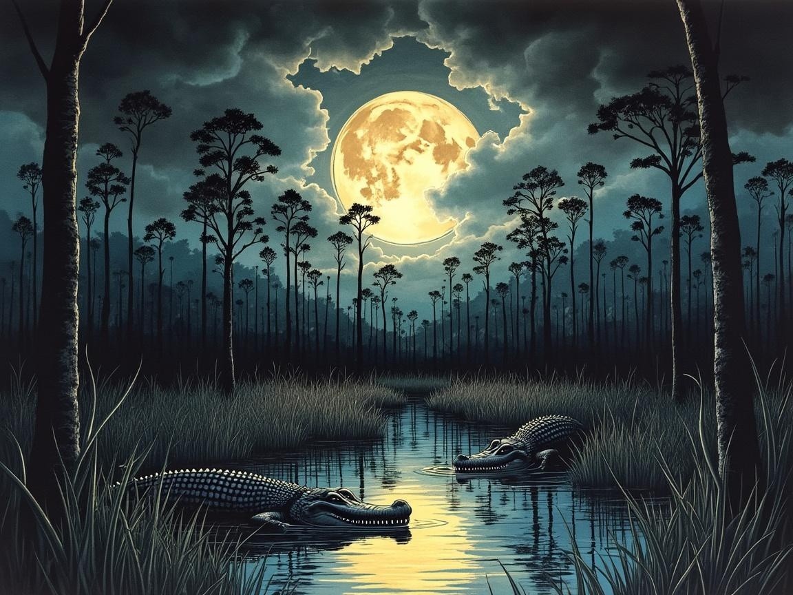 Moonlit Alligators in a Serene Landscape