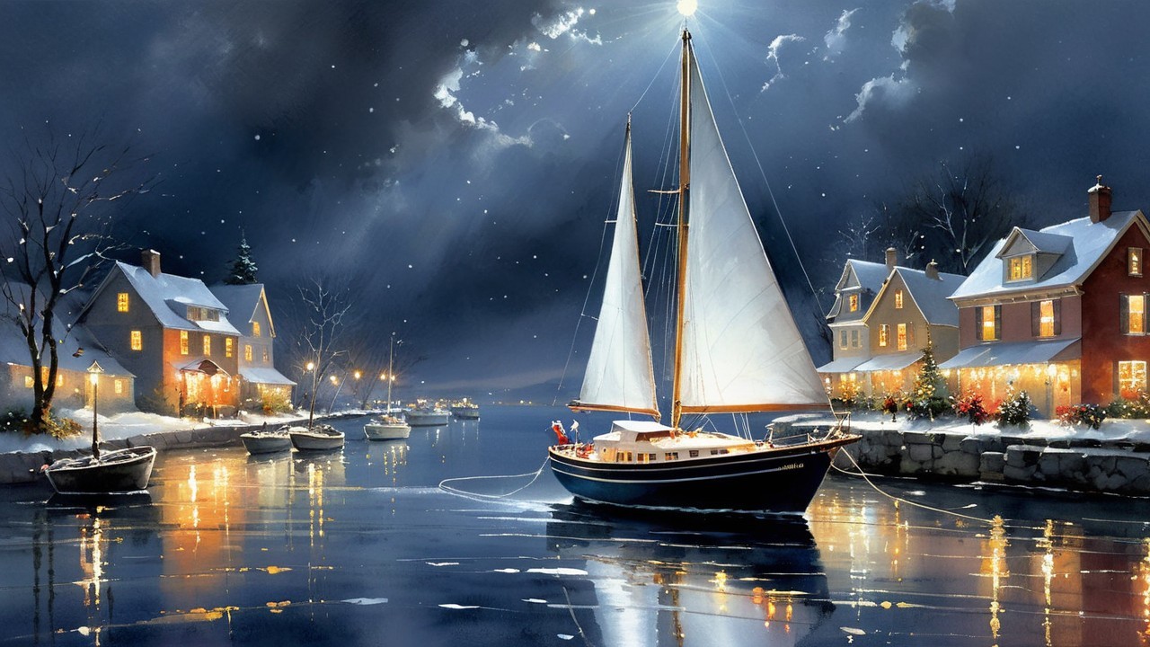 Nighttime Marina Scene in a Snow-Covered Town