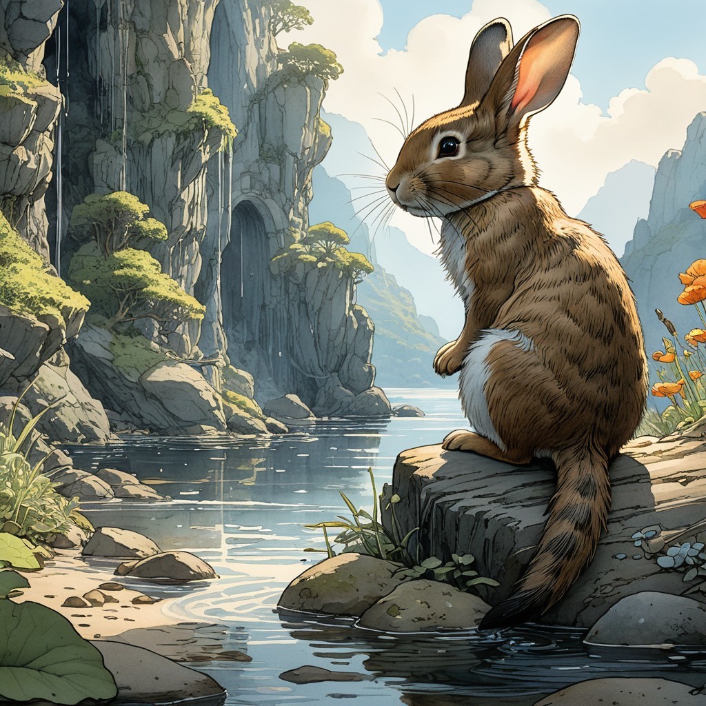 Serene Landscape with Rabbit by Tranquil River