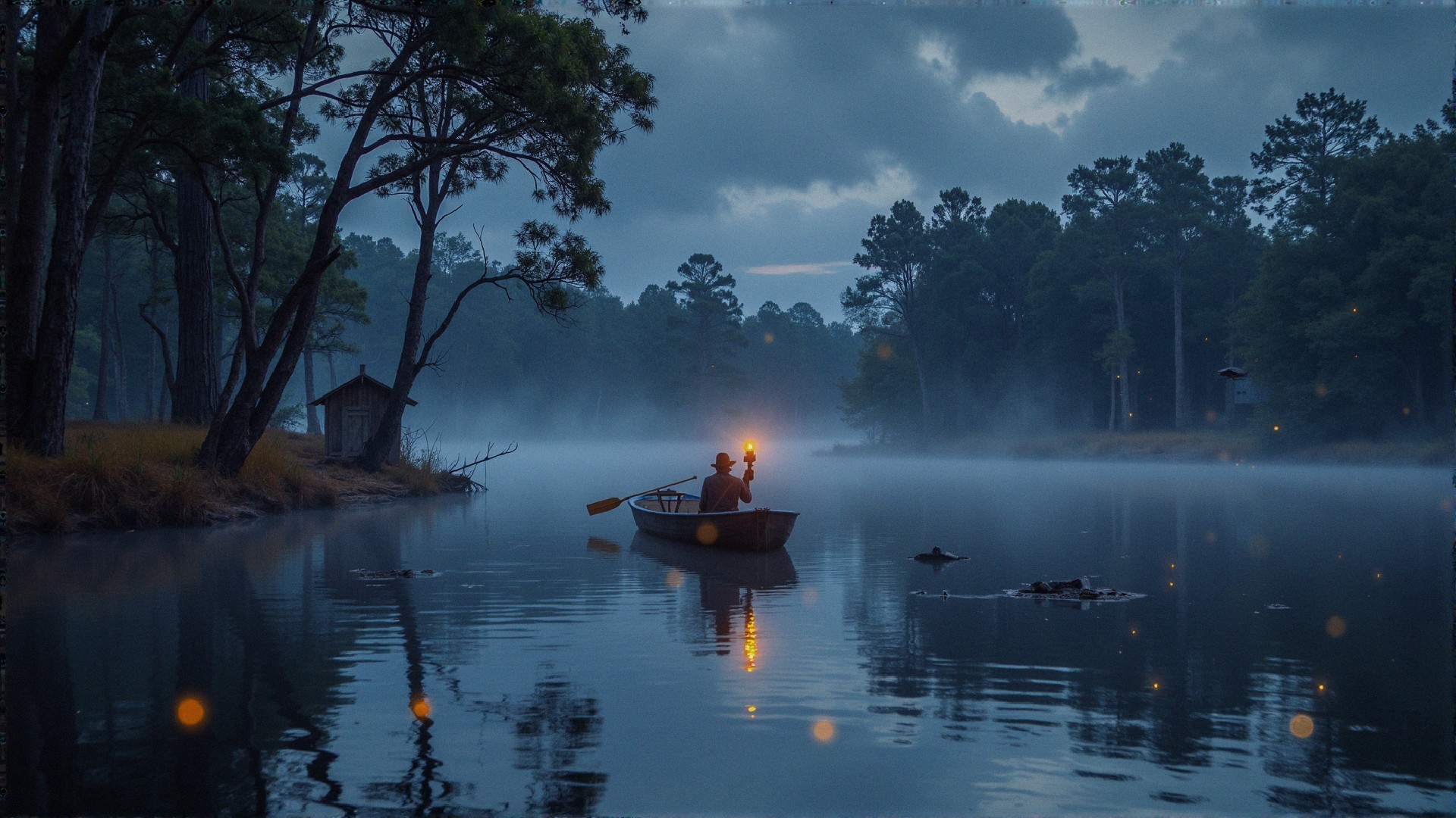 Lone Figure in Boat on Misty Lake at Twilight