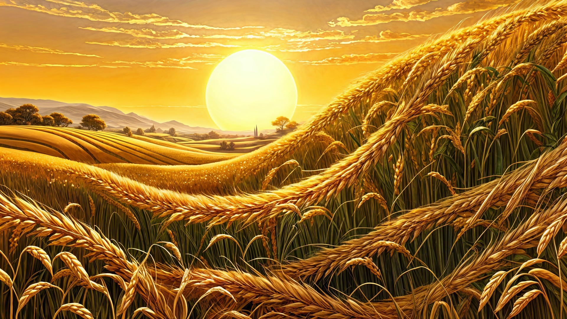 Golden Sunset Over Wheat Fields and Rolling Hills