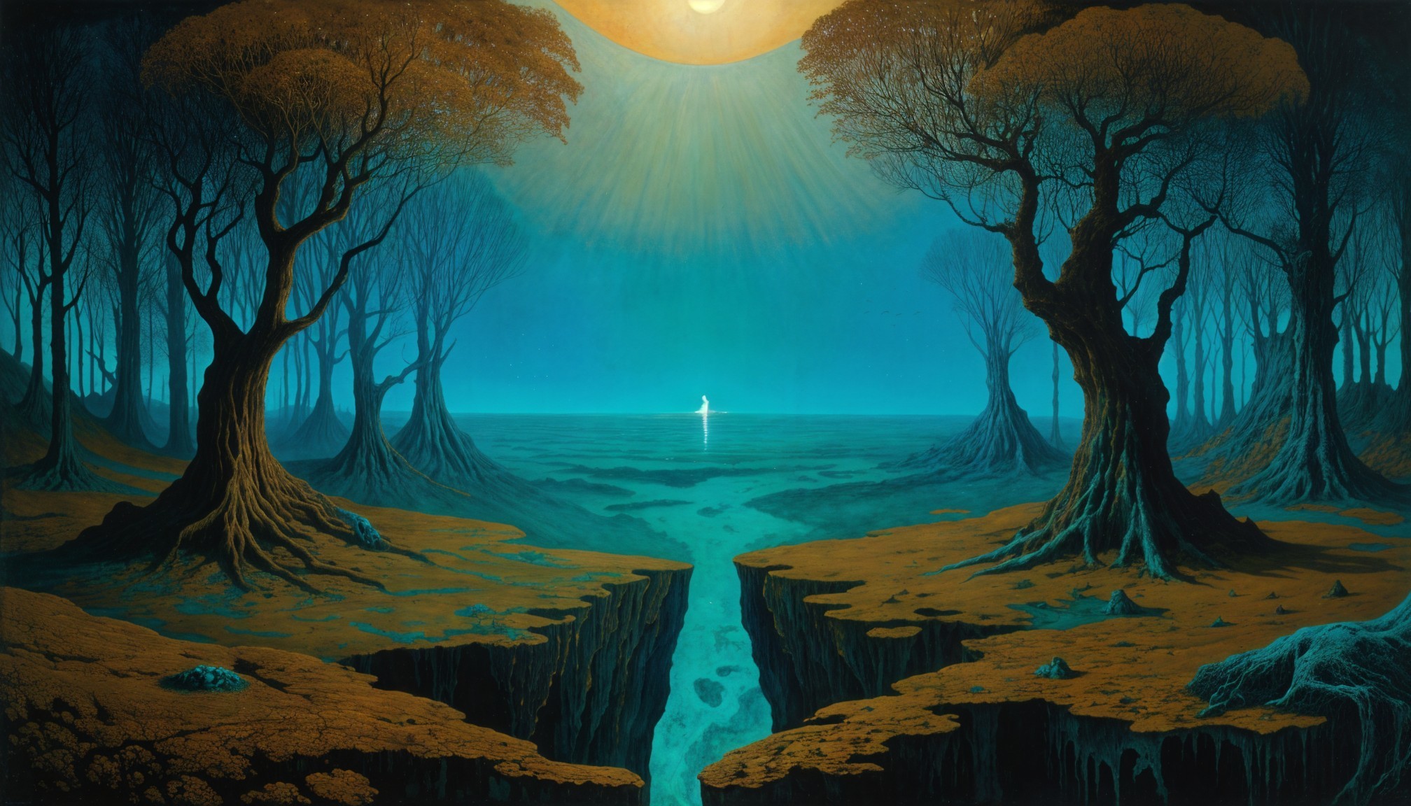 Surreal Landscape with River and Dark Trees