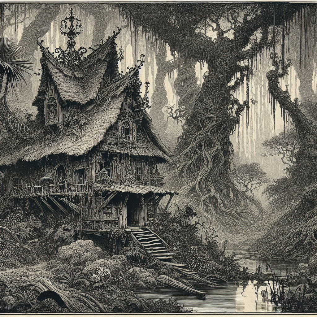 Whimsical House in a Dense, Overgrown Forest