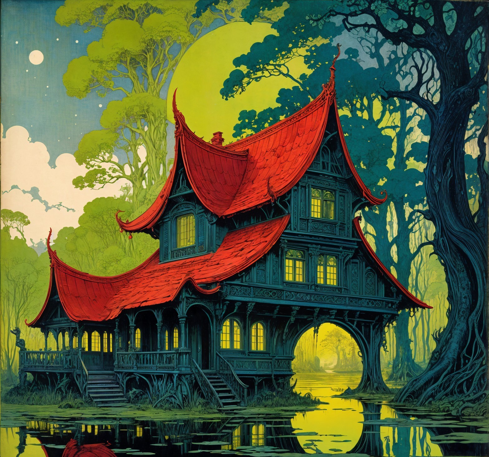 Traditional House with Red Roofs Surrounded by Nature