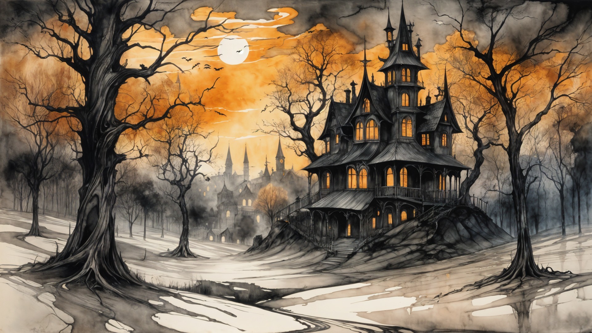 Gothic Mansion in Haunting Autumn Twilight Landscape