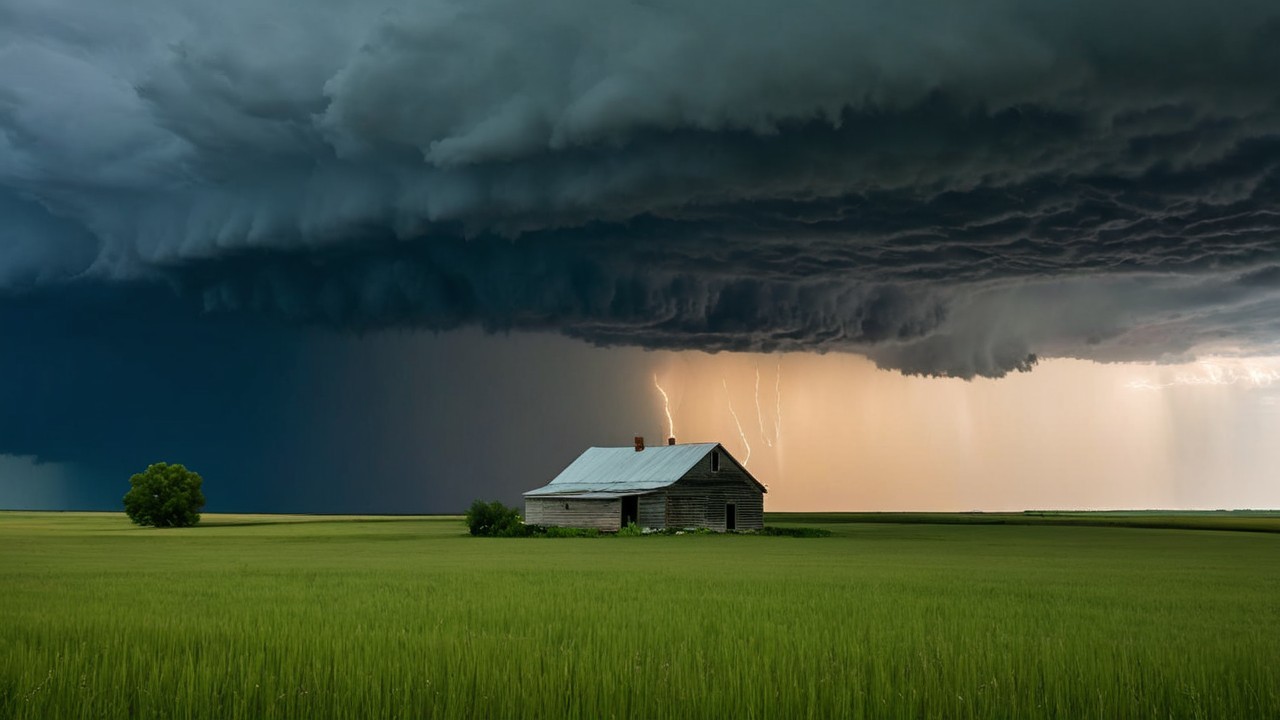 Solitary Wooden House in Lush Field Under Stormy Sky