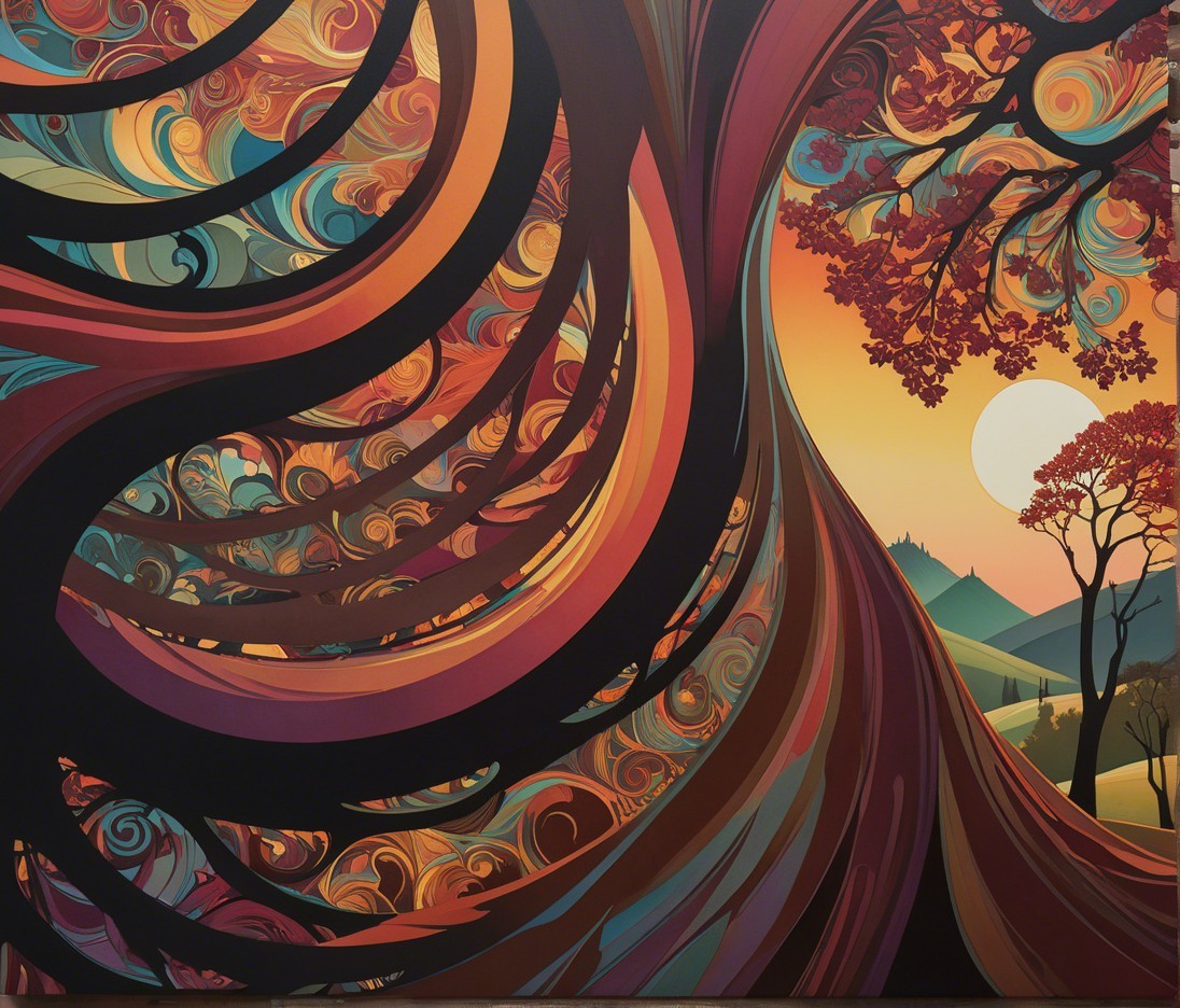 Vibrant Stylized Landscape with Swirling Tree Branches
