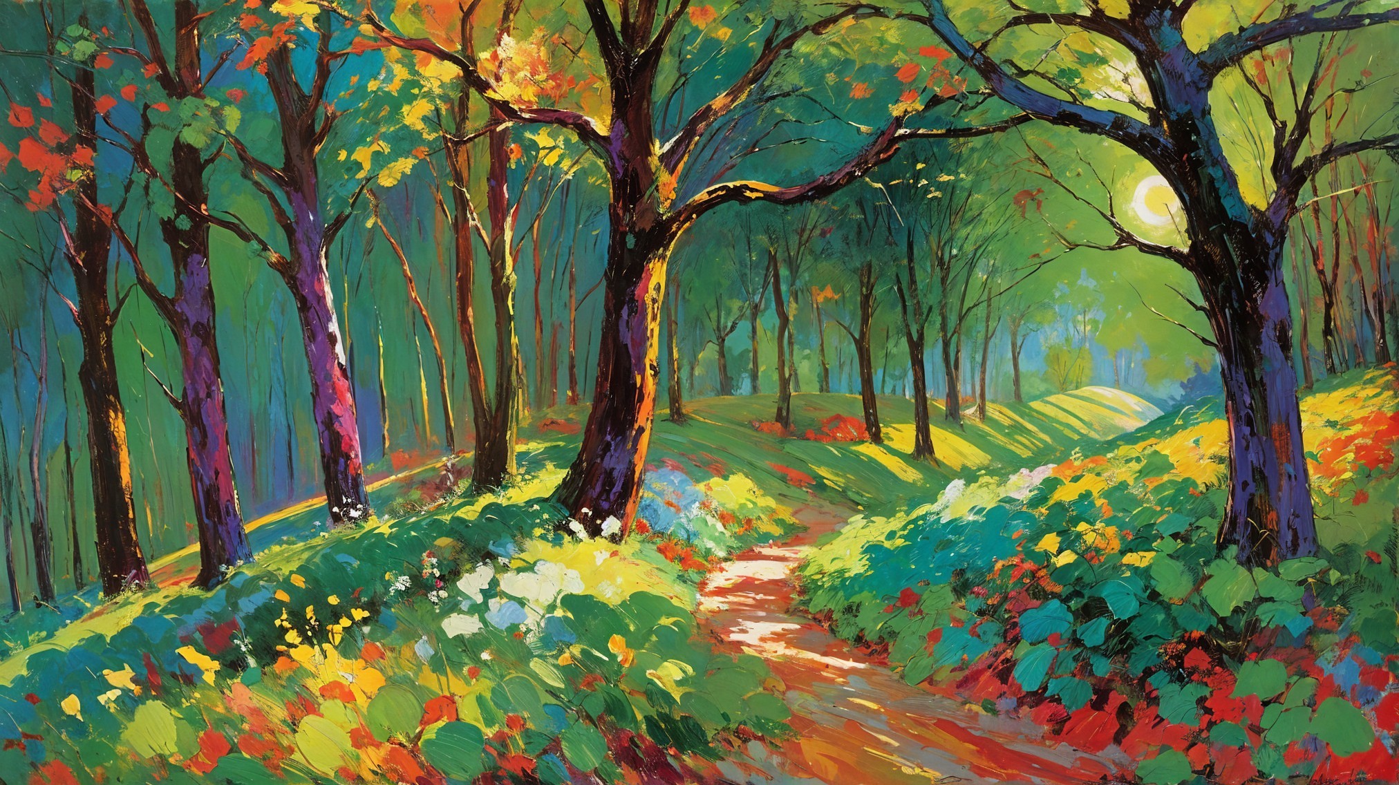 Vibrant Forest Scene with Colorful Trees and Flowers