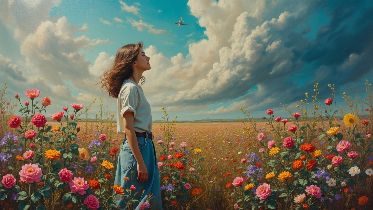 Young Woman in Colorful Flower Field with Airplane