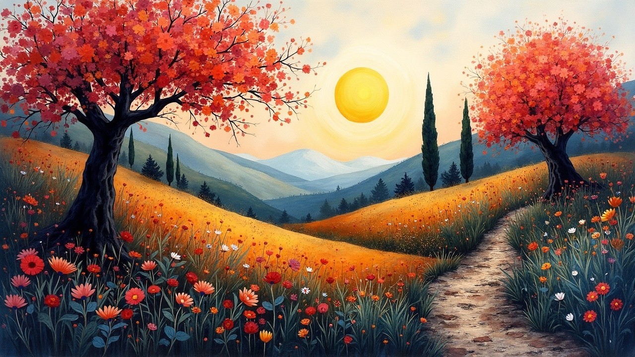 Vibrant Autumn Landscape with Cherry Blossom Trees