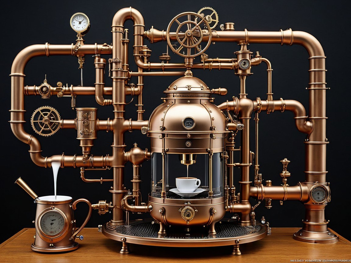Intricate Steampunk Coffee Machine with Copper Pipes