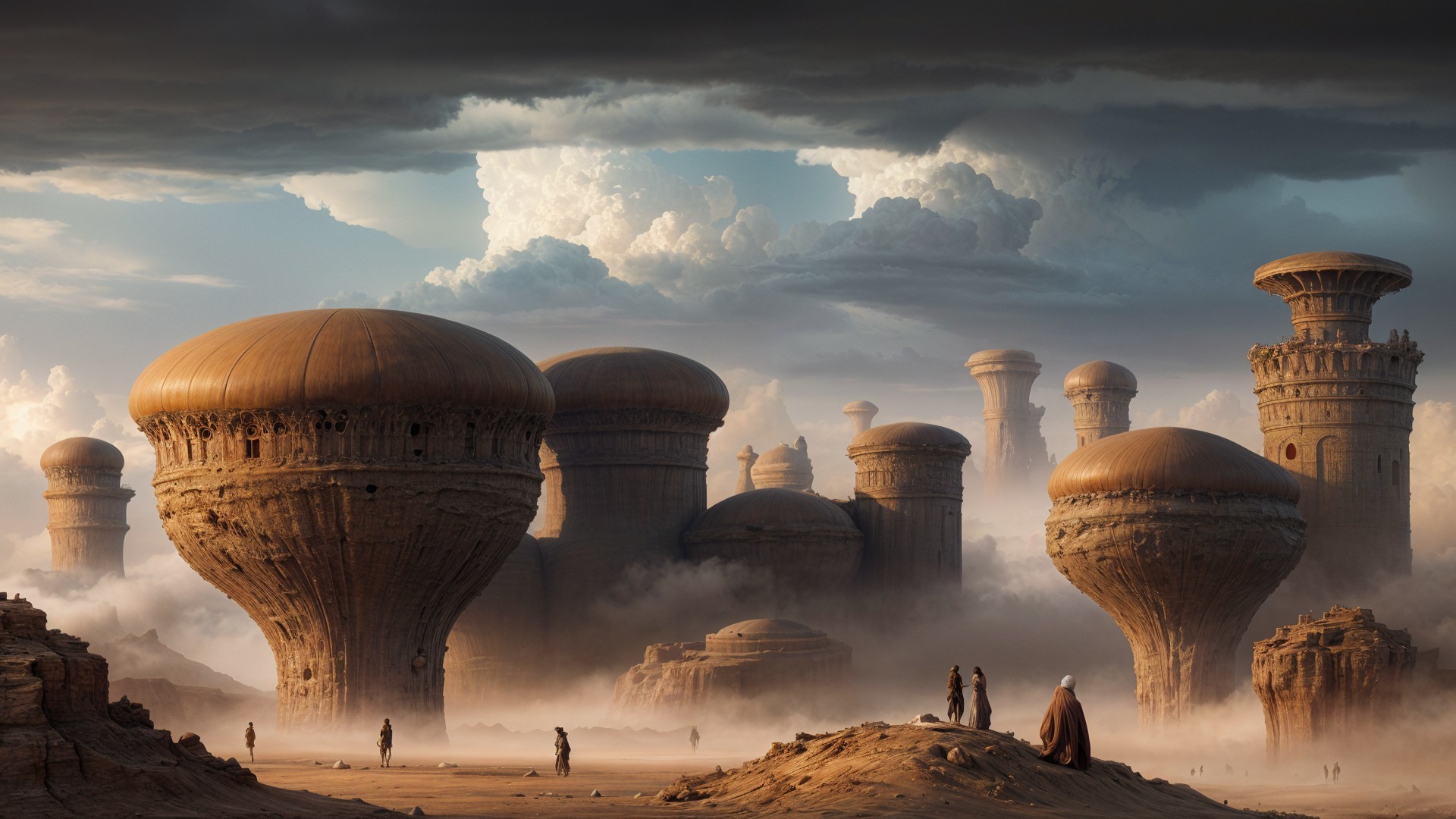 Surreal Landscape with Towering Mushroom Structures