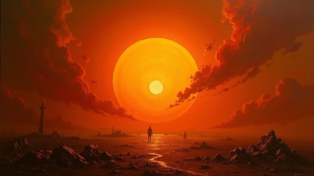 Surreal Landscape with Fiery Sunset and Solitary Figure