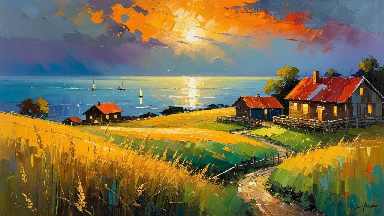 Vibrant Coastal Landscape Painting at Sunset