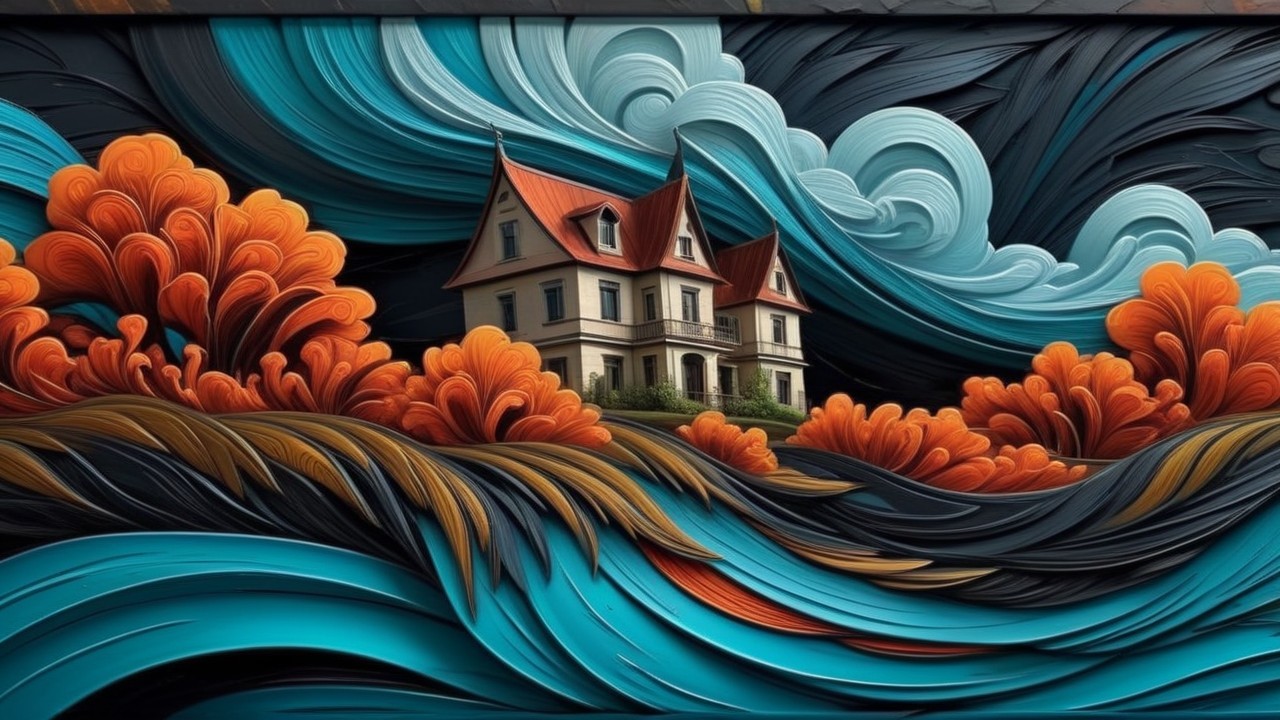 Whimsical House Surrounded by Vibrant Swirling Waves