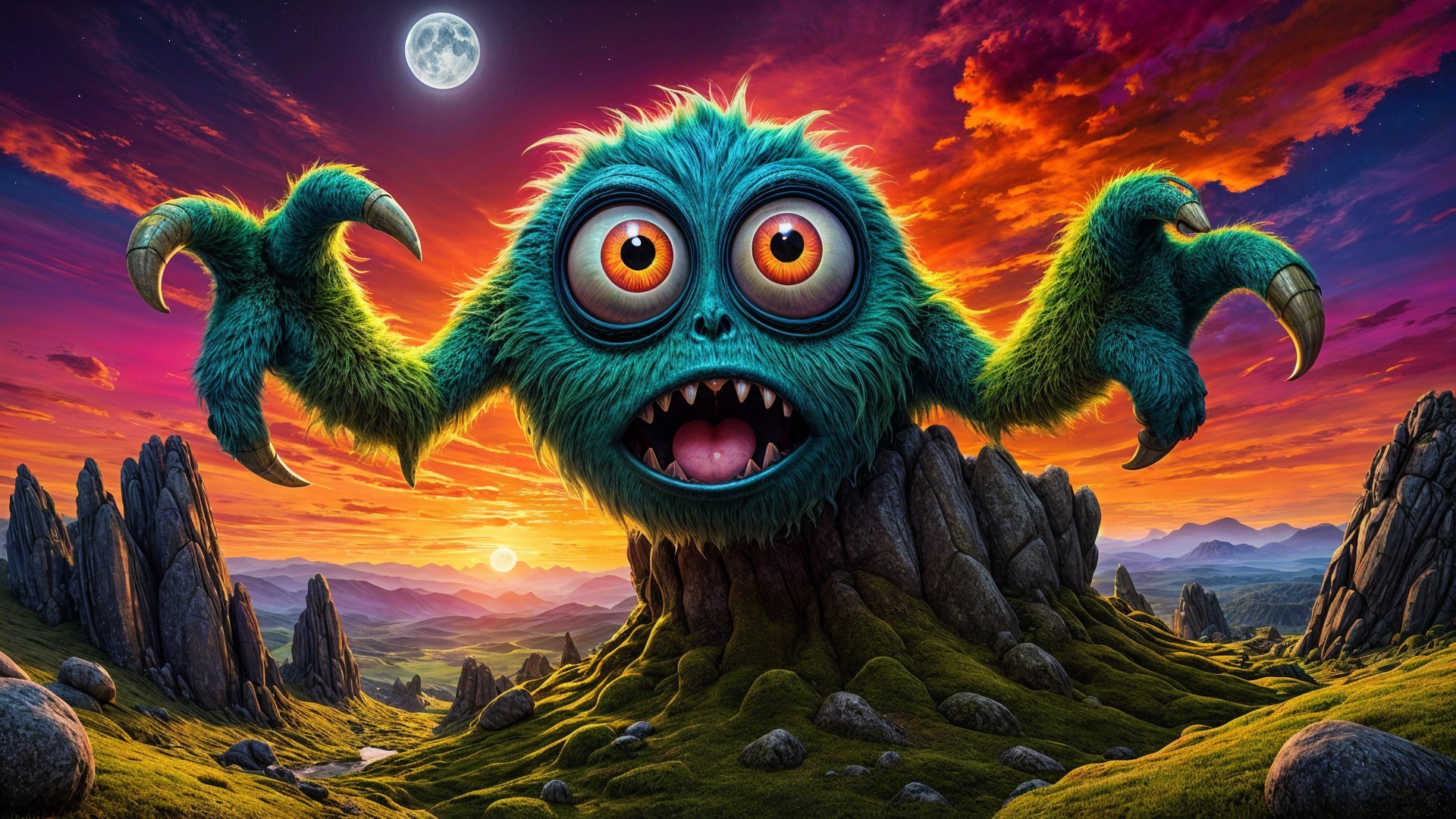 Furry Monster in Rocky Landscape at Sunset