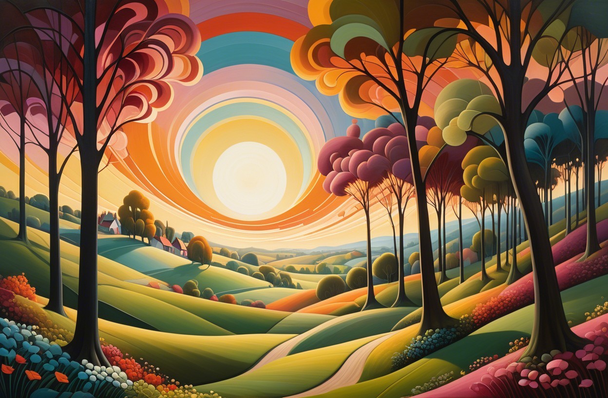 Vibrant Landscape with Rolling Hills and Stylized Trees
