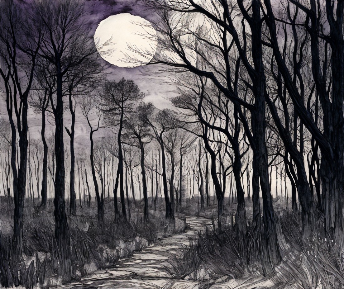 Monochromatic Landscape with Winding Path and Moon