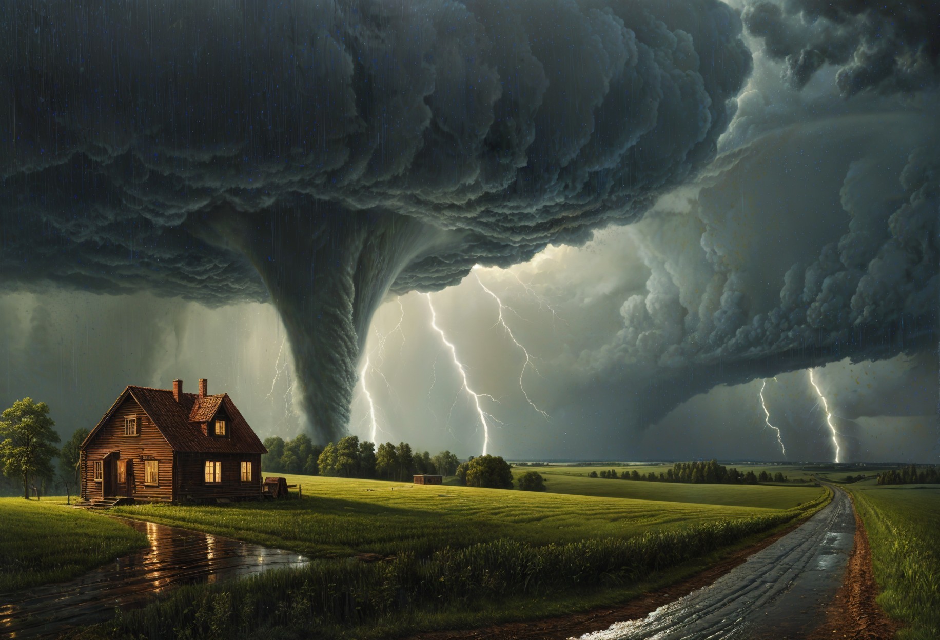 Tornado Scene with Rustic House and Stormy Landscape