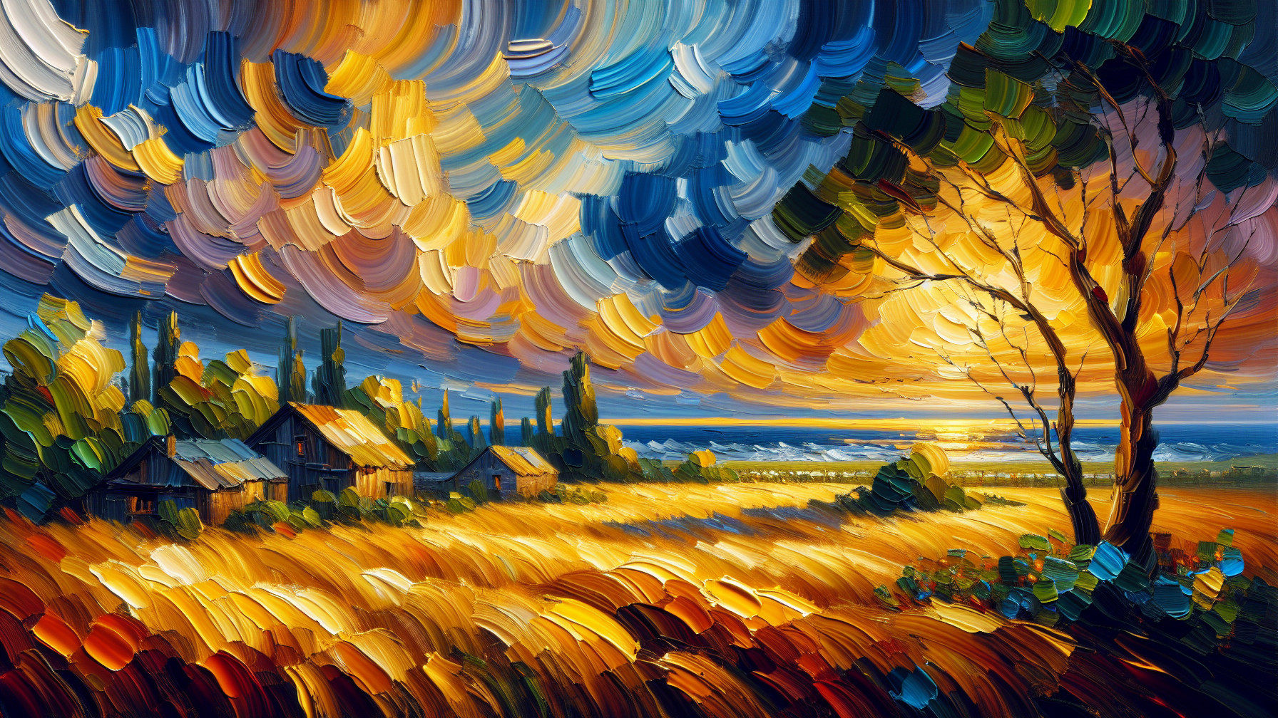 Vibrant Landscape of Wheat Field at Sunset