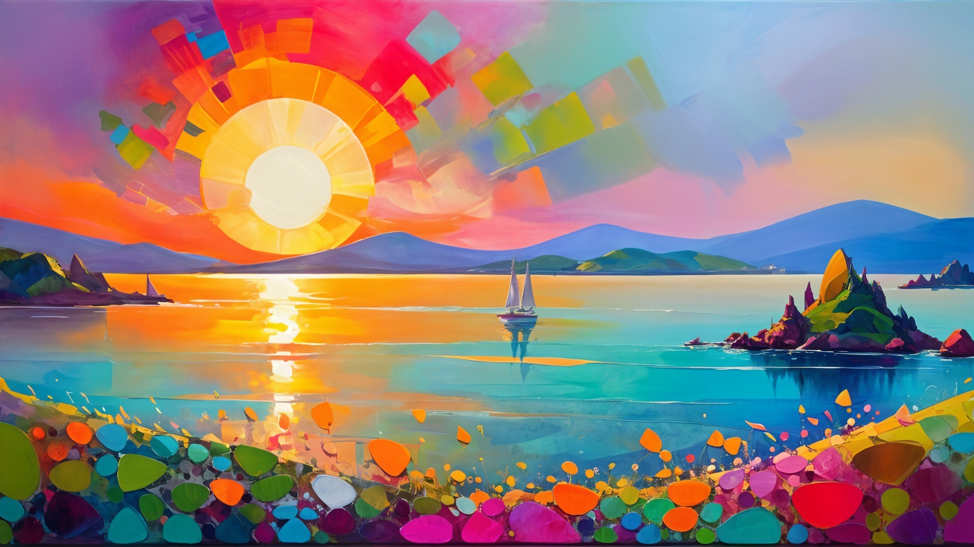 Vibrant Seascape at Sunset with Colorful Flowers