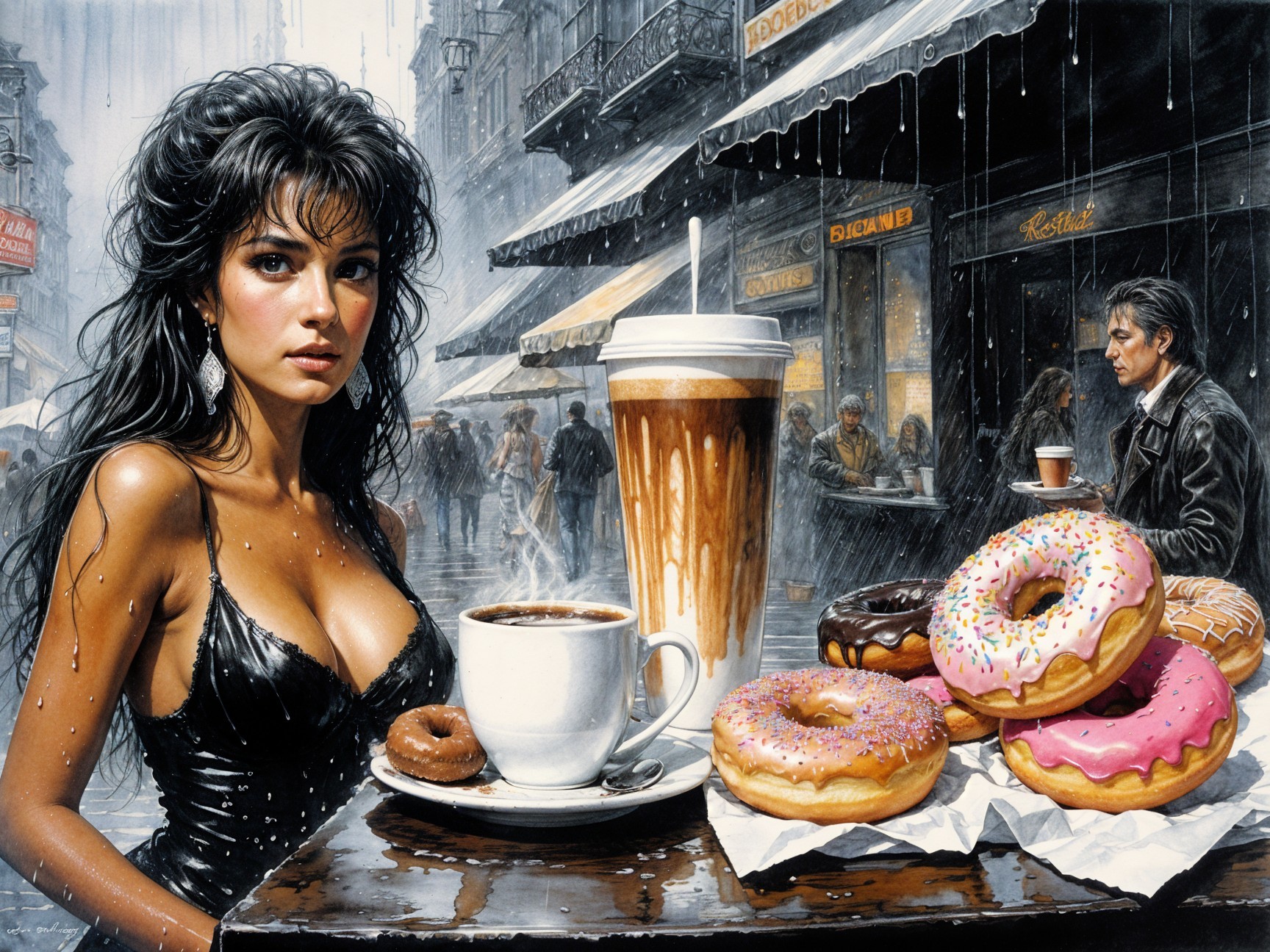 Stylish Woman in Black Dress with Colorful Donuts