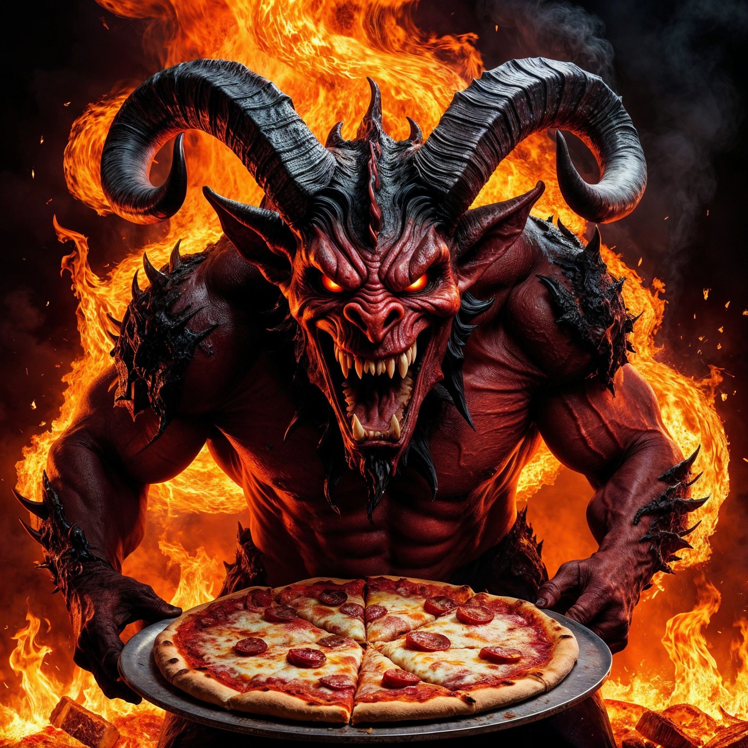 Muscular demon with red skin and pizza in flames