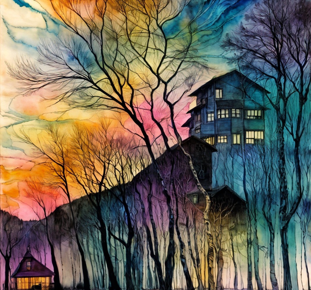 Mystical Landscape with Abstract Trees and Sunset