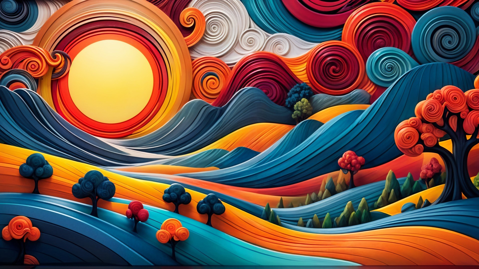 Vibrant Landscape with Colorful Waves and Sunset