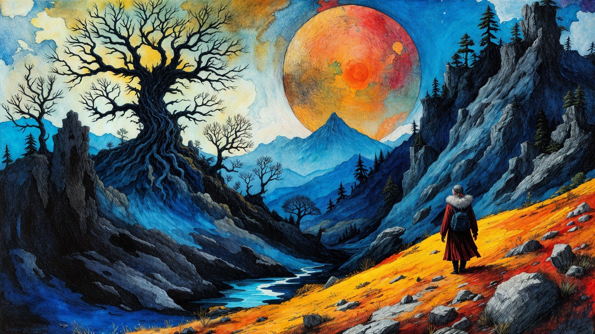 Vibrant Landscape with Figure in Red Cloak and Planet