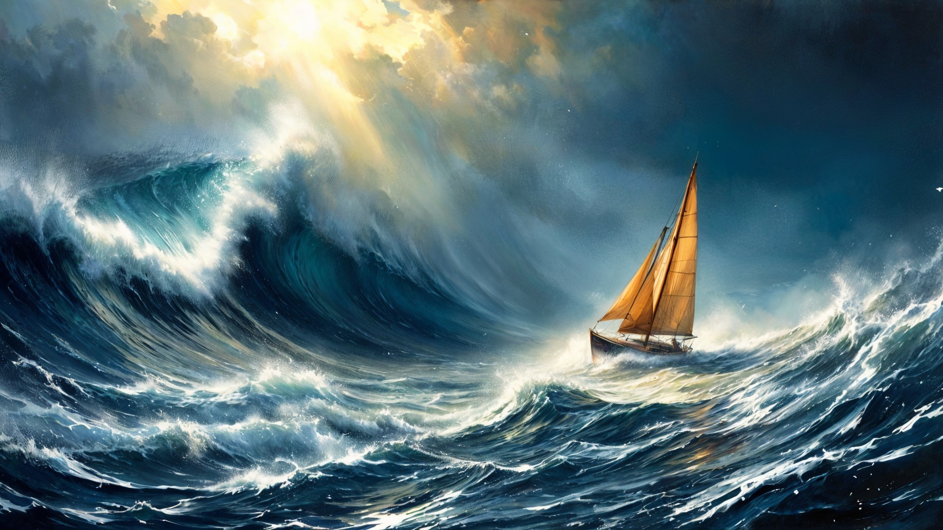Sailboat Navigating Waves Under Dramatic Sky