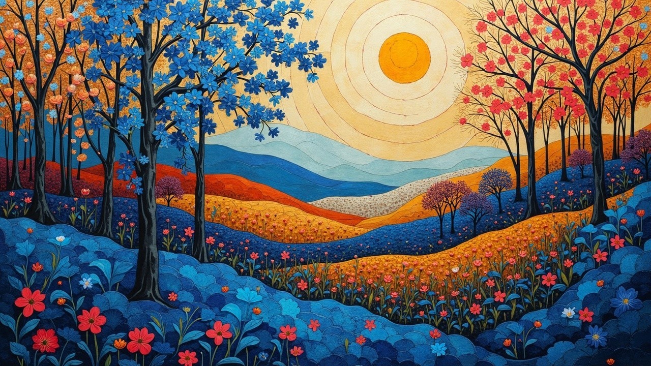 Vibrant Sunrise Landscape with Colorful Flowers and Trees