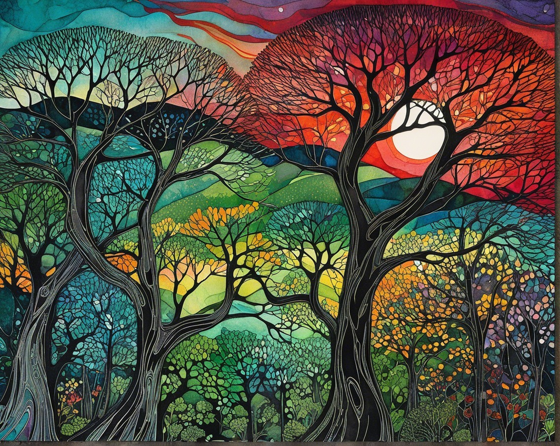 Vibrant Landscape with Colorful Trees and Sunset Skies