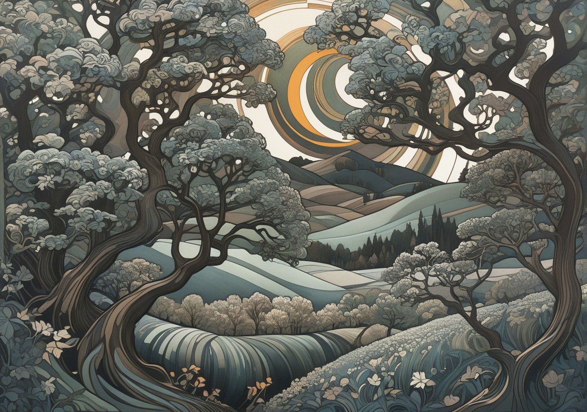 Serene Landscape with Stylized Trees and Rolling Hills