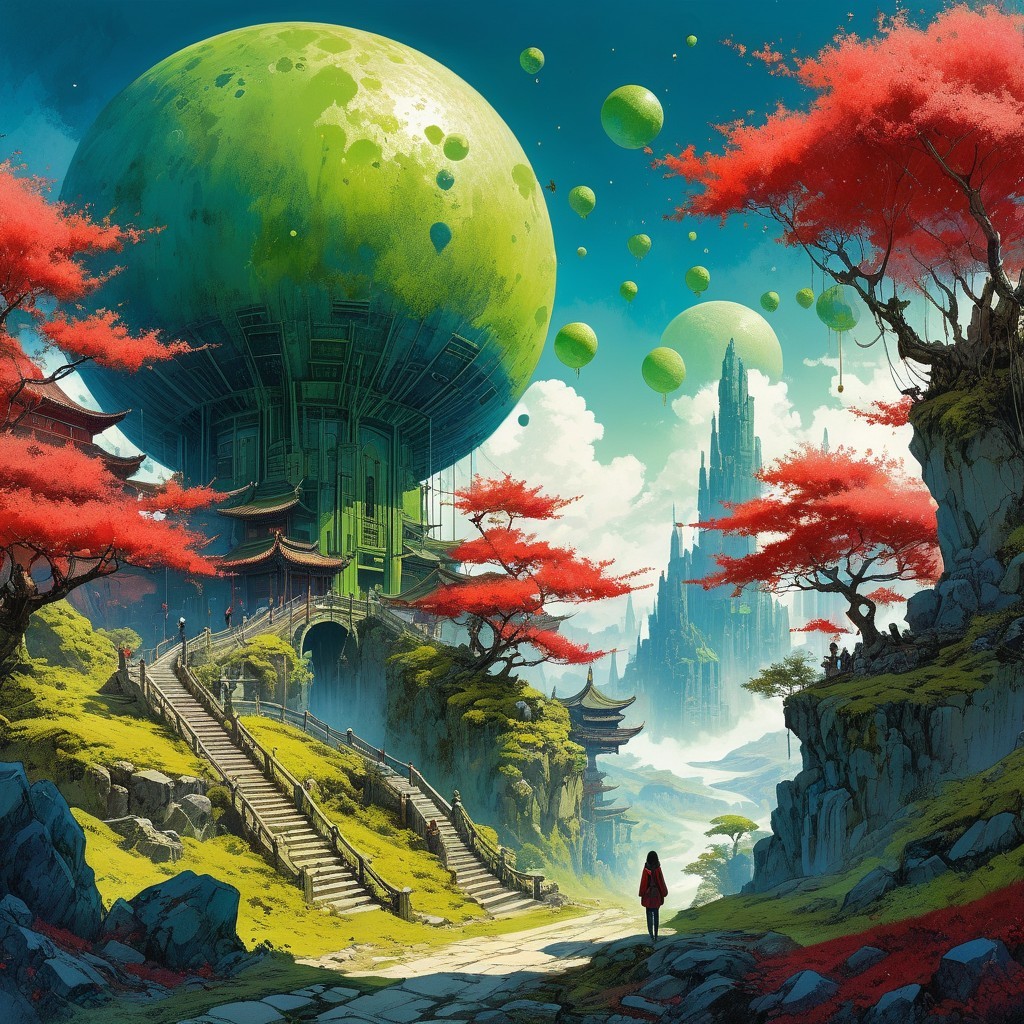 Whimsical Landscape with Red Trees and Majestic Castle