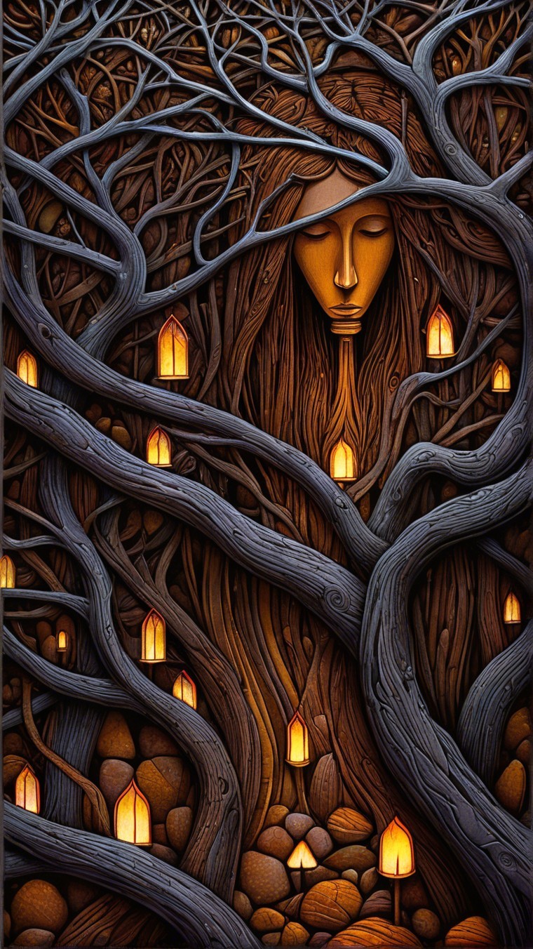 Mystical forest with glowing lanterns and serene face