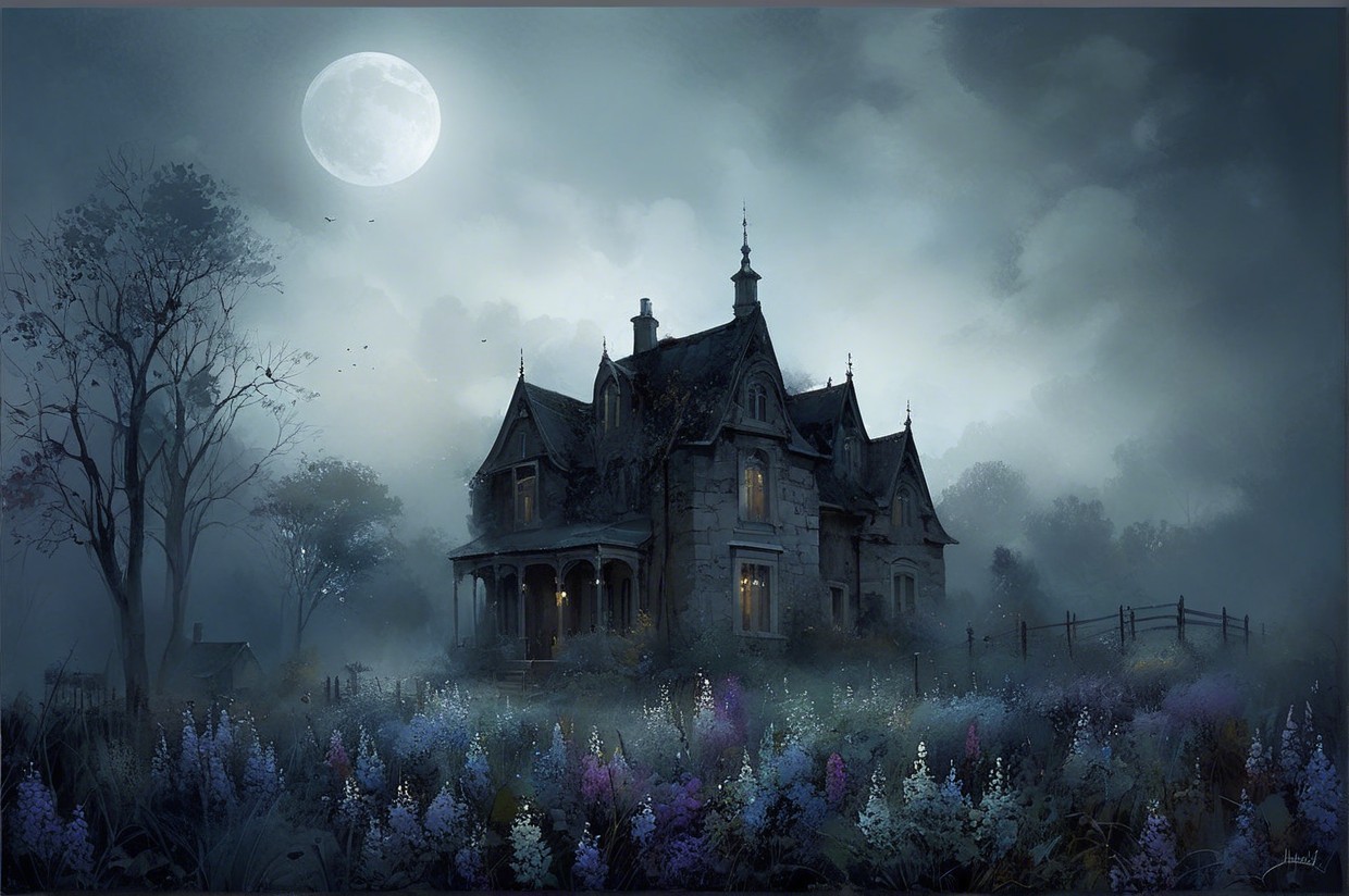 Gothic Mansion Under Full Moon Surrounded by Wildflowers