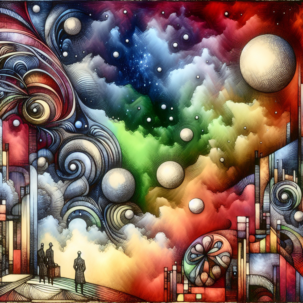 Surreal Cosmic Landscape with Celestial Bodies and Figures