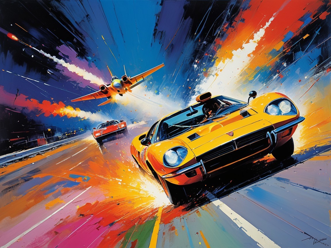Vibrant Sports Cars and Fighter Jet on Neon Highway