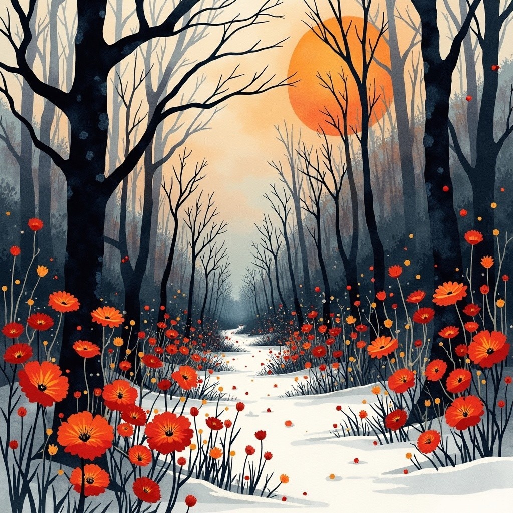 Serene Winter Landscape with Sunset and Flowers