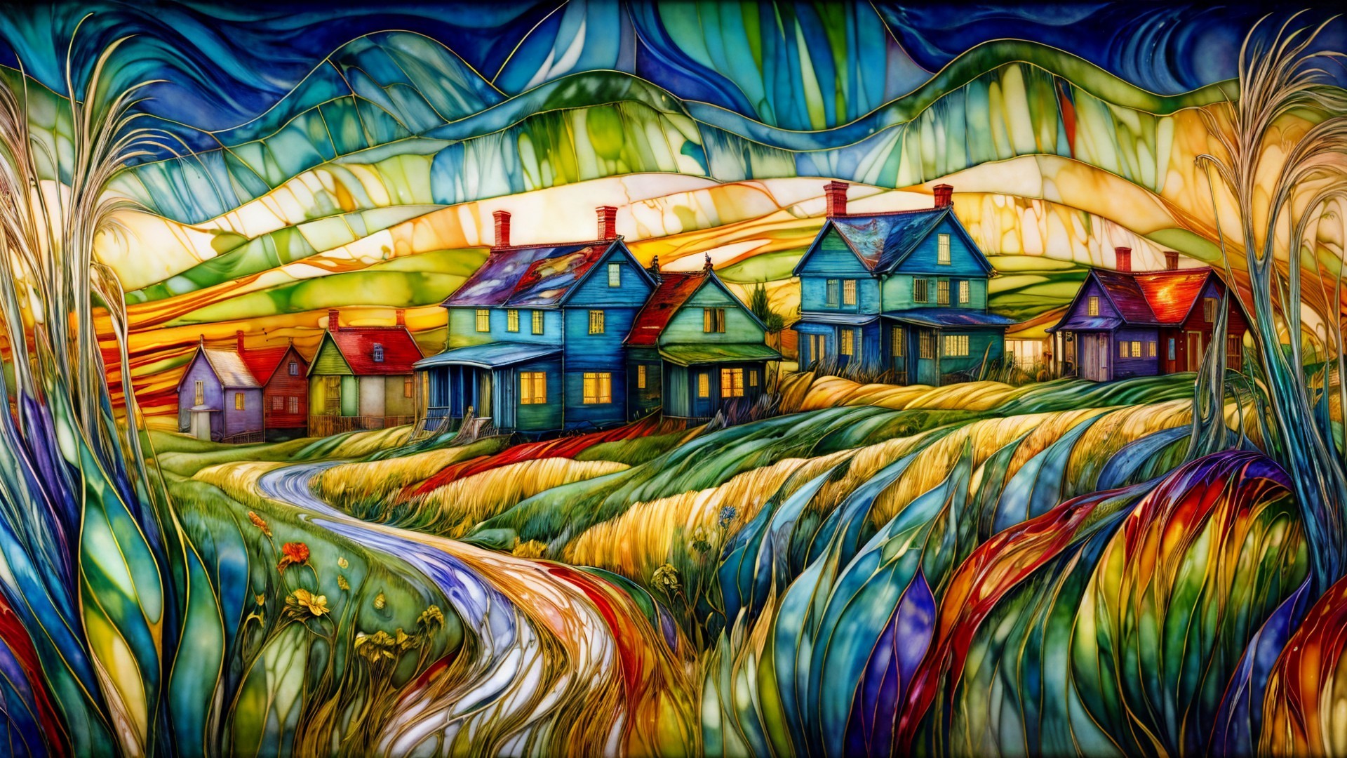 Stained-Glass Landscape with Colorful Houses and Hills