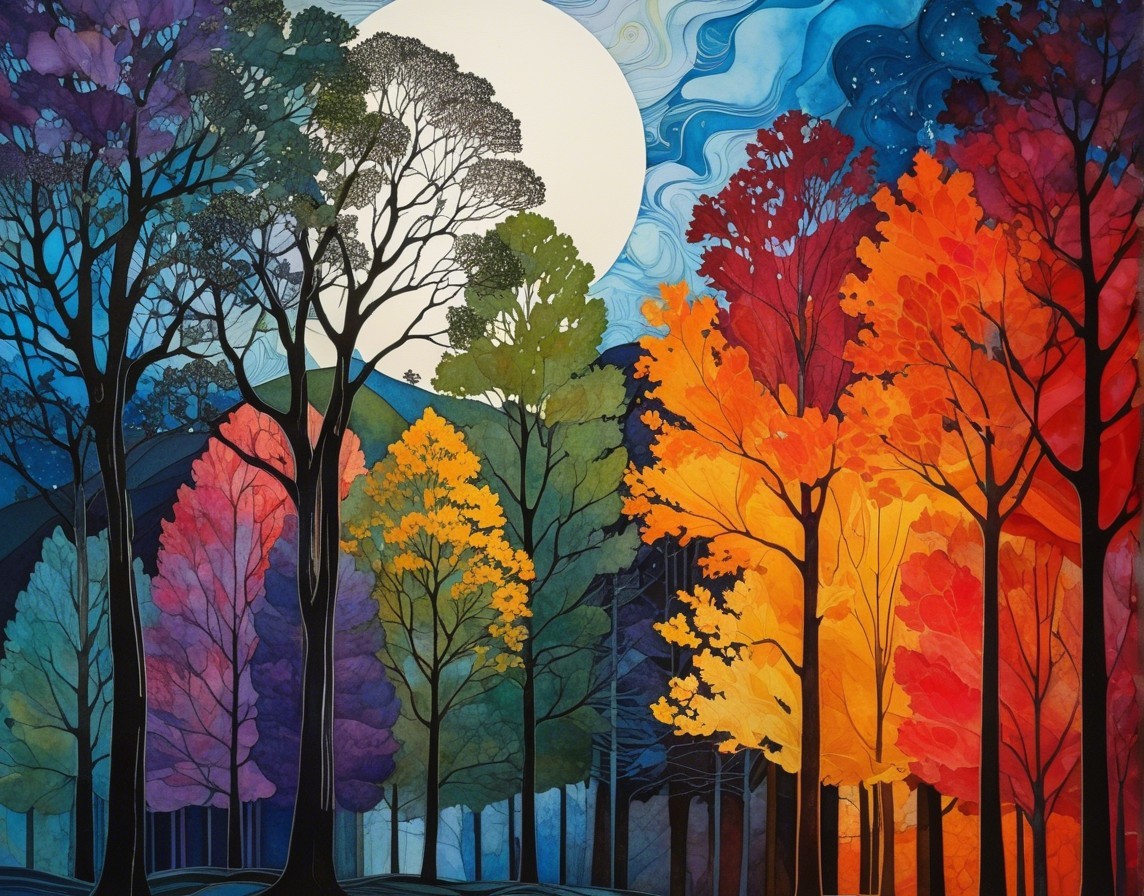 Vibrant Autumn Landscape with Colorful Foliage and Moon